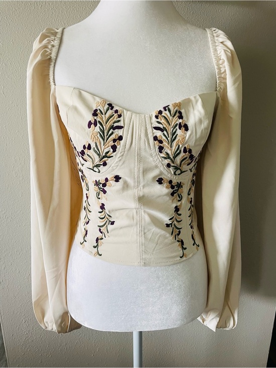 Tops - Promesa Camila Floral Embroidered Corset Sweetheart Puff Sleeve Top Cream